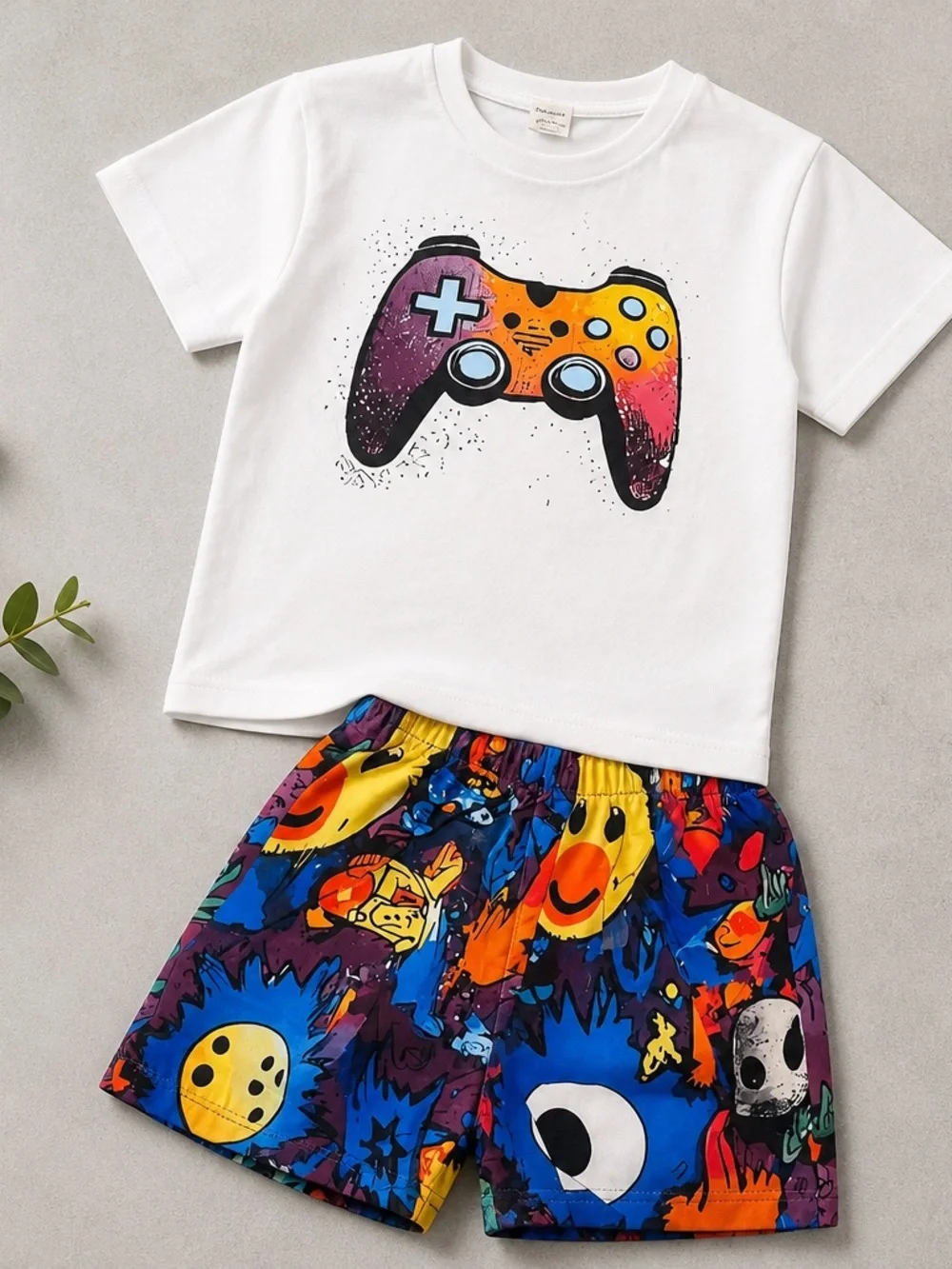 Kids White Game Controller Tee and Colorful Printed Shorts Pajama Set